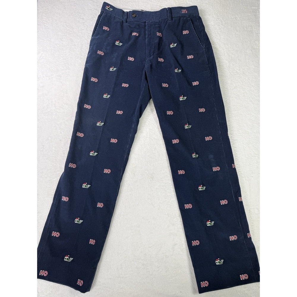 Vineyard Vines Corduroy Pants Mens 34x32 Blue Santa Whale Print Christmas